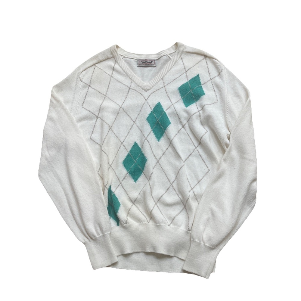 Titleist Golf Argyle Long Sleeve V Neck Sweater White Golf Cotton Scotland Small